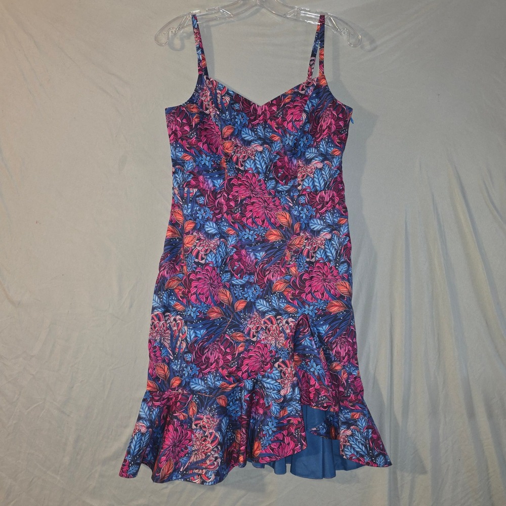Women's Floral High-Low Ruffle Dress Small Blue Magenta Tropical V-Neck Cocktail